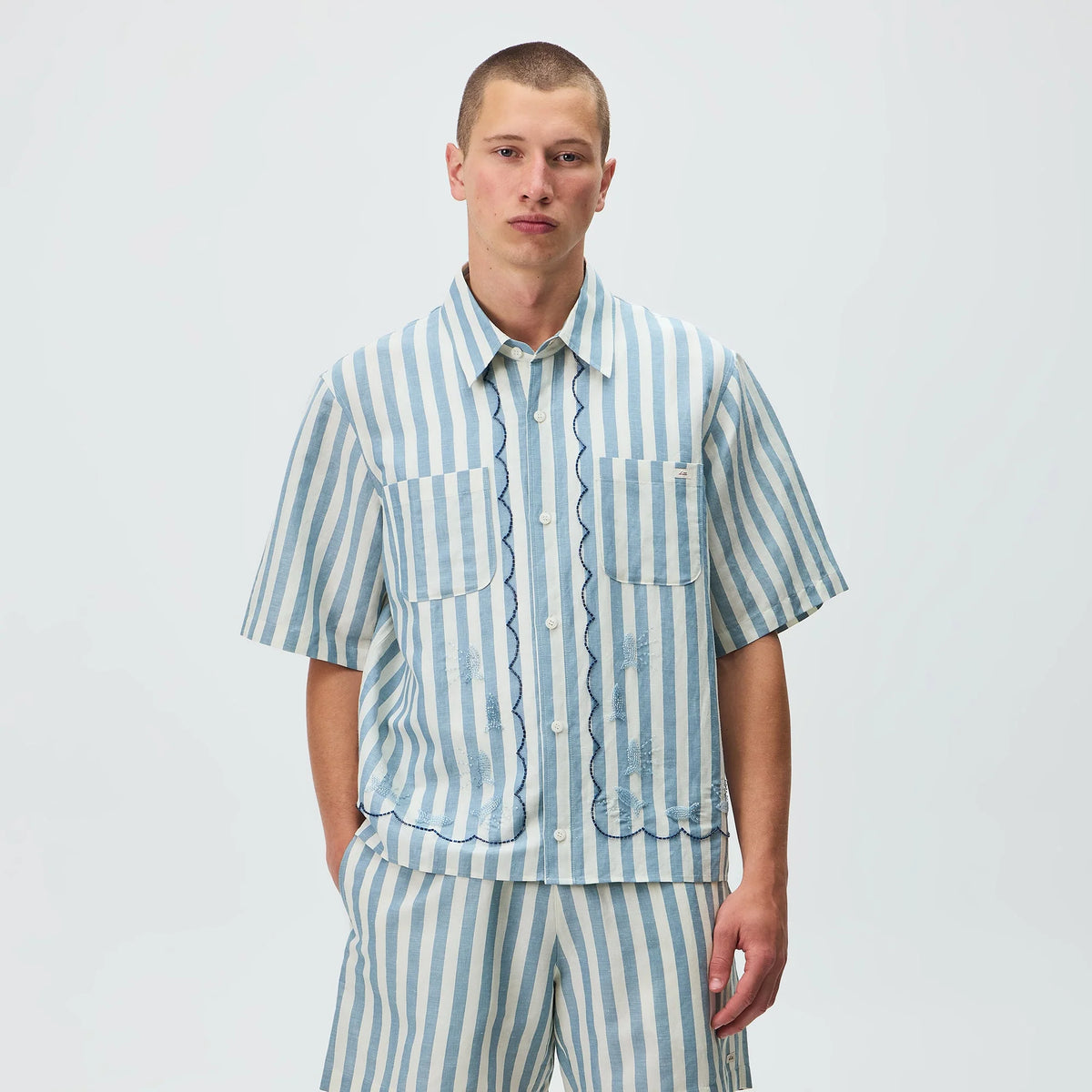 Kith Spun Silk Linen Stripe Paxton Buttondown - Light Indigo