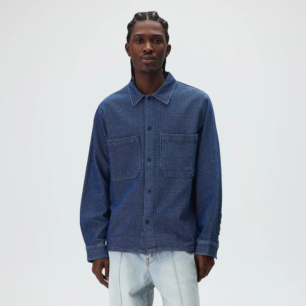Kith Railroad Stripe Indigo Boxy Collar Overshirt - Dark Indigo